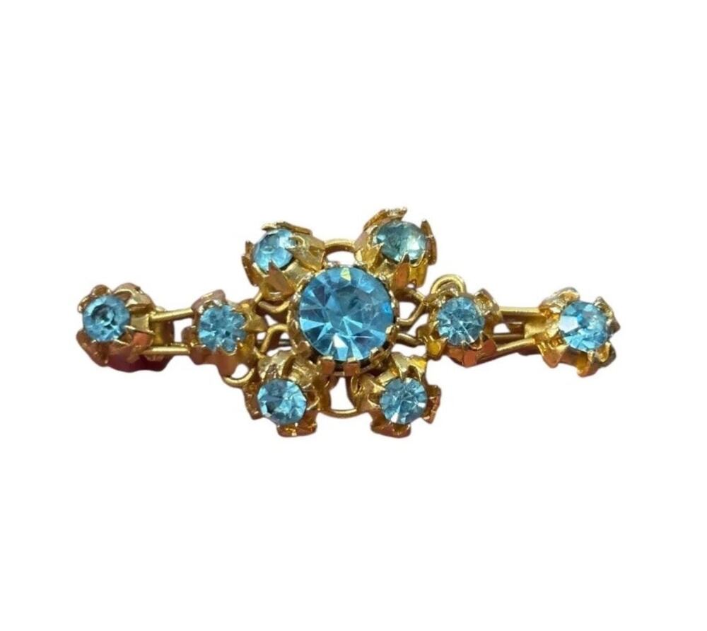 Vintage Gold Tone Blue Rhinestone Floral Bar Brooch Pin | Mid Century Aqua